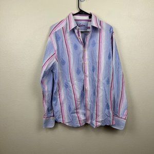 Robert Graham Shirt Long Sleeve Mens Size XL Flip Cuff Striped Embroidered